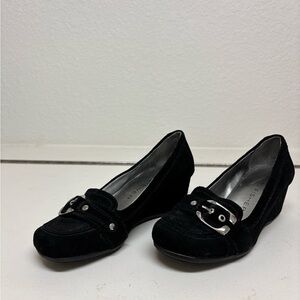 Marc Fisher Black Suede Wedges with Silver Buckle